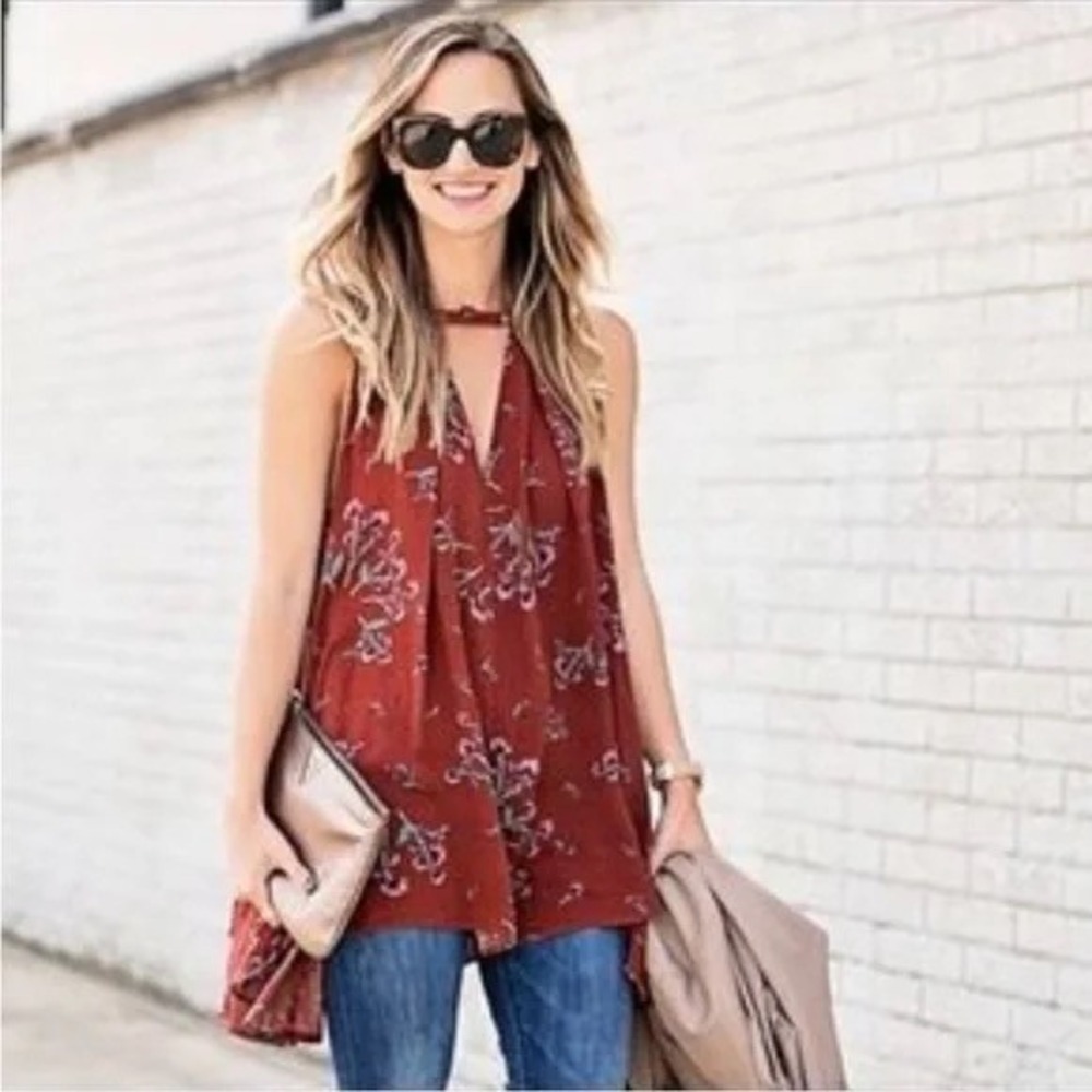 Free People Rust Floral‎ Sleeveless Tunic Top Boho Flowy Split Neck S